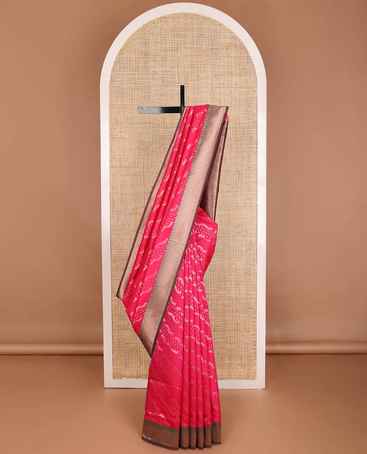 Pink butter silk saree with floral zari designs, contrast traditional zari design & jaal pallu