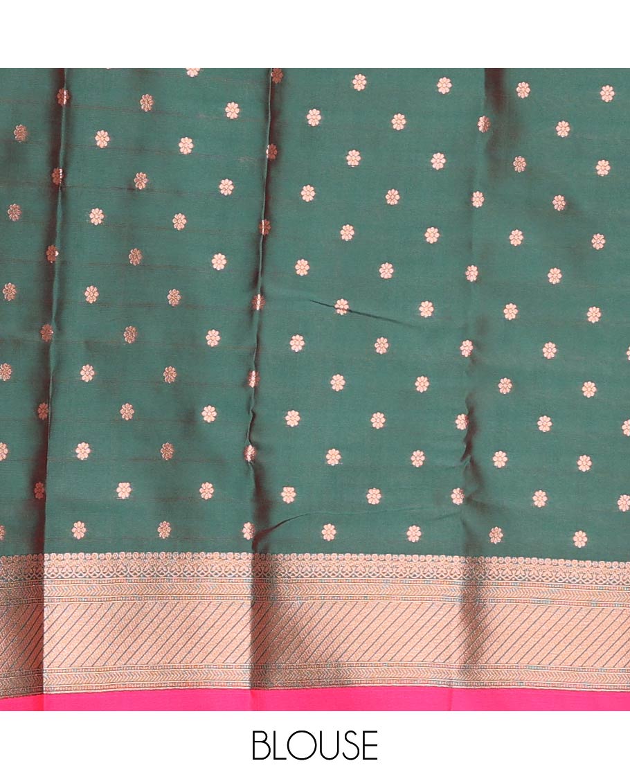 Pink butter silk saree with floral zari designs, contrast traditional zari design & jaal pallu