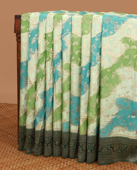 Multi-color rankat jacquard semi-banaras crepe saree, contrast floral creeper design border & pallu of intricate designs