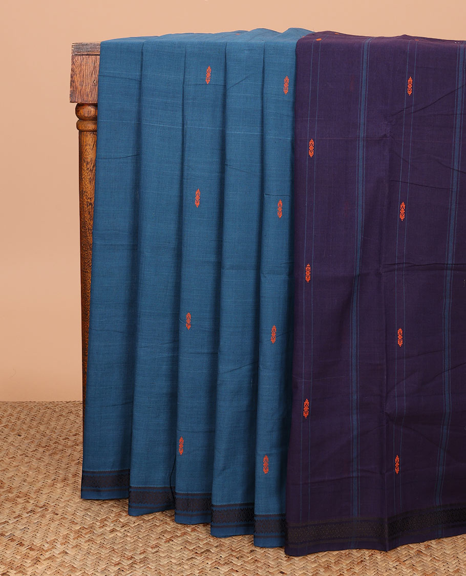 Blue buttas Andhra cotton saree, thread woven border, and pallu of buttas, stripes, and ikkat design