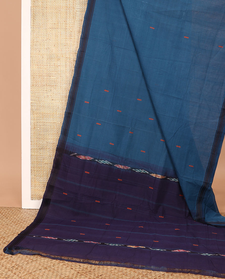 Blue buttas Andhra cotton saree, thread woven border, and pallu of buttas, stripes, and ikkat design