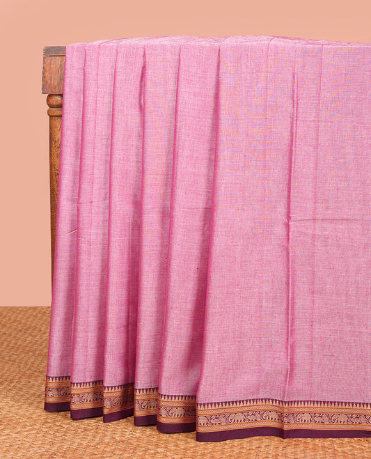 Pink Plain Narayanpet Cotton Saree, Complemented by a Contrast Traditional Thread Border of Peacock and Elephant Designs, Vibrant Pallu, and Paired with a Matching Blouse