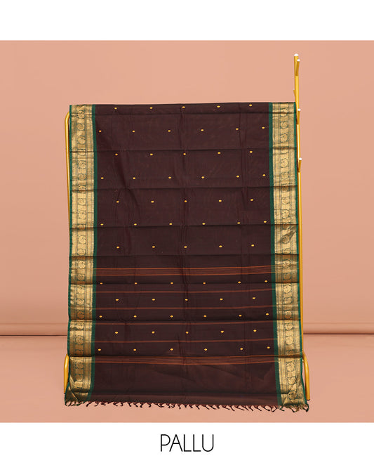 Brown Chettinad Cotton Saree, Adorned with Buttas All Over Its  Body, Complemented by a Contrasting Traditional Zari Design Border, a Pallu of Stripes, and Paired with a Matching Blouse