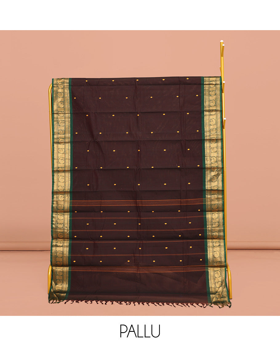 Brown Chettinad Cotton Saree, Adorned with Buttas All Over Its  Body, Complemented by a Contrasting Traditional Zari Design Border, a Pallu of Stripes, and Paired with a Matching Blouse