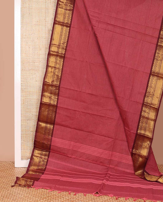 Red plain design chettinad cotton saree, contrast traditional motifs zari woven border, and striped pallu
