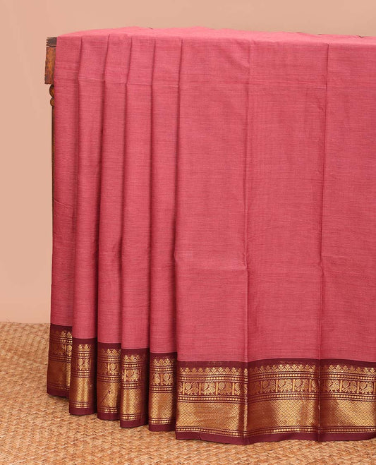 Red plain design chettinad cotton saree, contrast traditional motifs zari woven border, and striped pallu