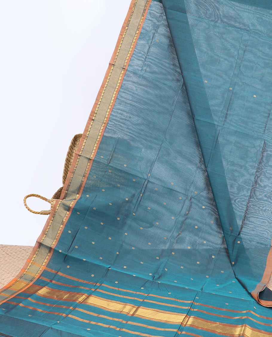 Blue Vengatagiri cotton saree with buttas , contrast zari border & striped pallu