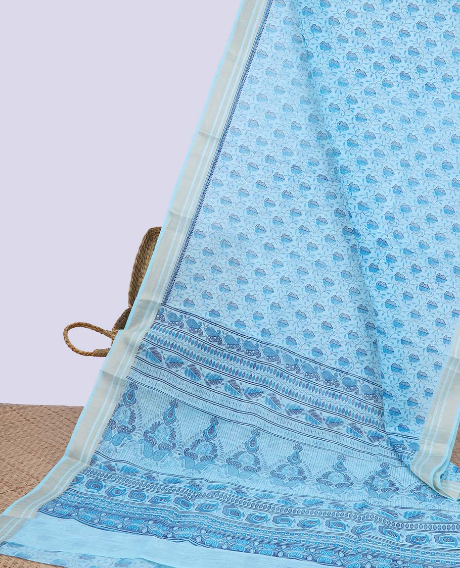 Blue intricately printed budget cotton saree, plain border & intricate pallu