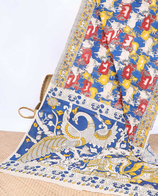 Blue Pichwai cow machine-printed kalamkari cotton saree, uniquely printed border & animal motifs pallu