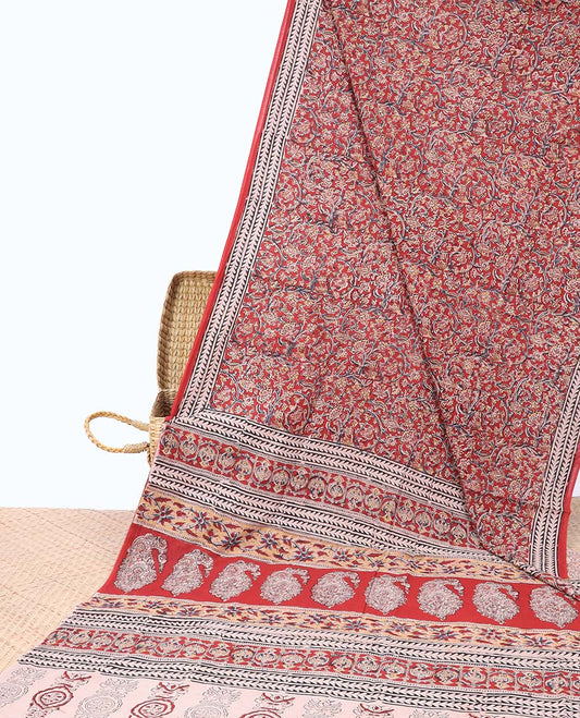 Red floral design machine-printed kalamkari cotton saree with contrast geometric design border & floral design pallu