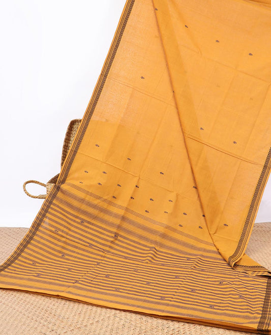 Orange buttas Andhra cotton saree, unique design border & striped pallu 