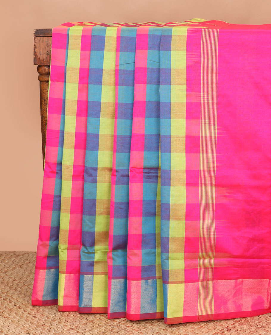 Multi-color checked poly cotton saree, zari border, and pallu of stripes