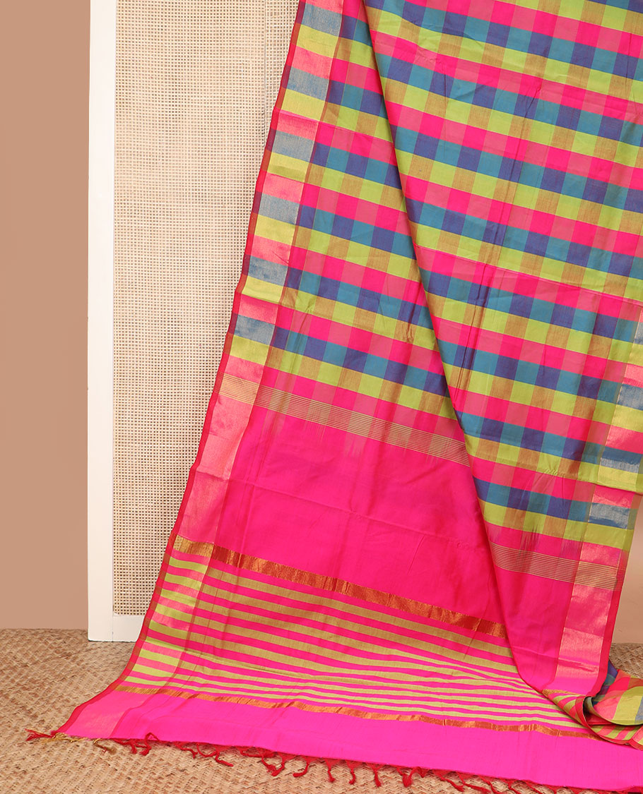 Multi-color checked poly cotton saree, zari border, and pallu of stripes