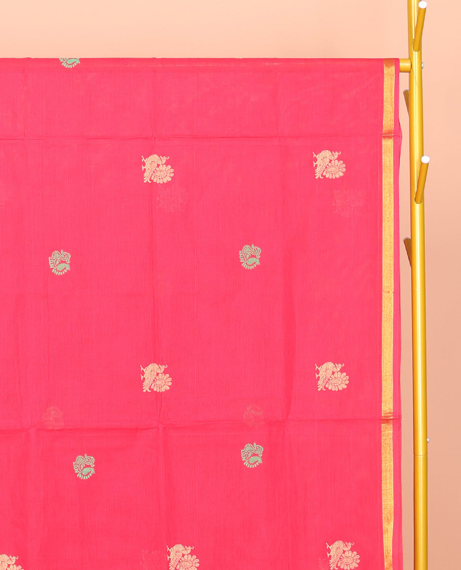 Red Venkatagiri Cotton Saree, Elevated with Peacock Buttas, a Contrast Traditional Zari Border, Pallu of Stripes and Buttas, and No Blouse
