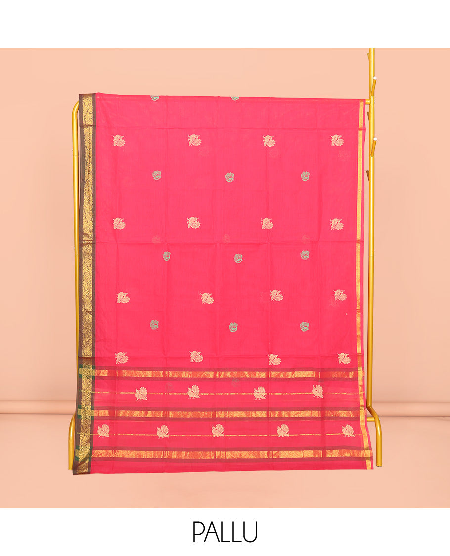 Red Venkatagiri Cotton Saree, Elevated with Peacock Buttas, a Contrast Traditional Zari Border, Pallu of Stripes and Buttas, and No Blouse