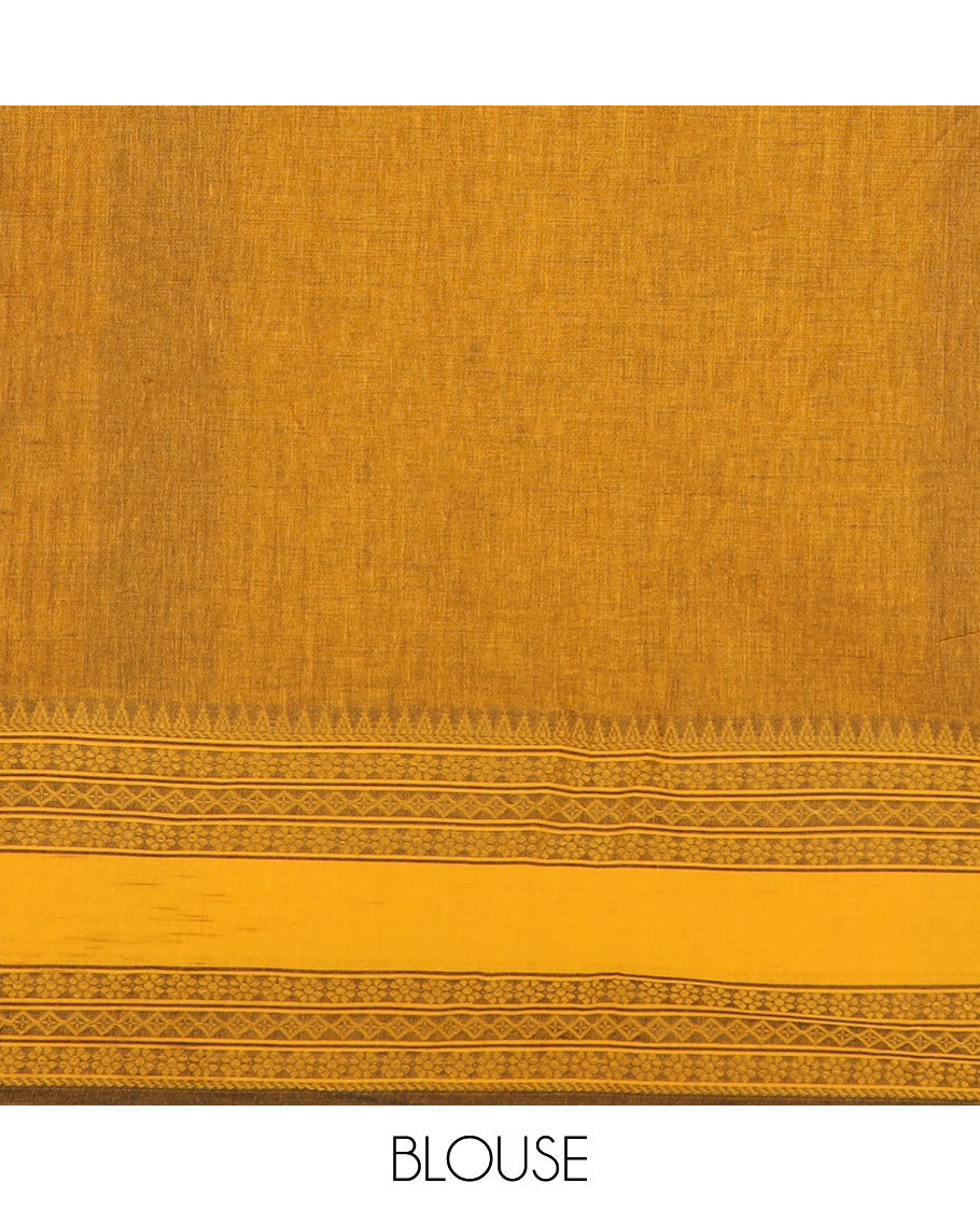 Navy blue plain design Kadhi cotton saree, traditional design thread woven yellow border & striped pallu