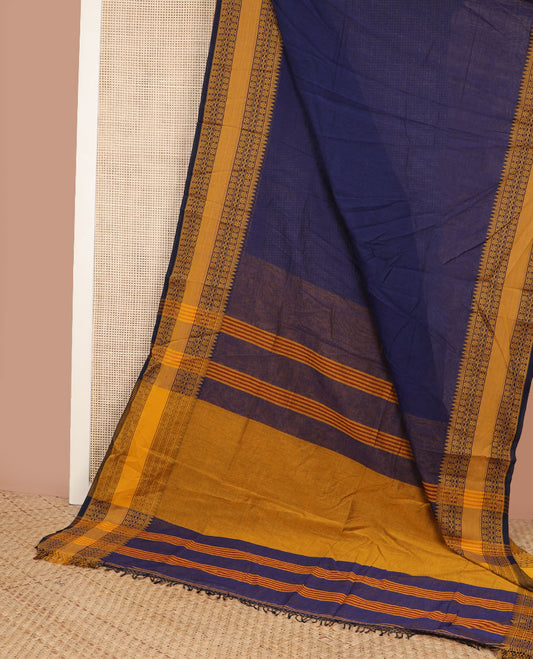 Navy blue plain design Kadhi cotton saree, traditional design thread woven yellow border & striped pallu