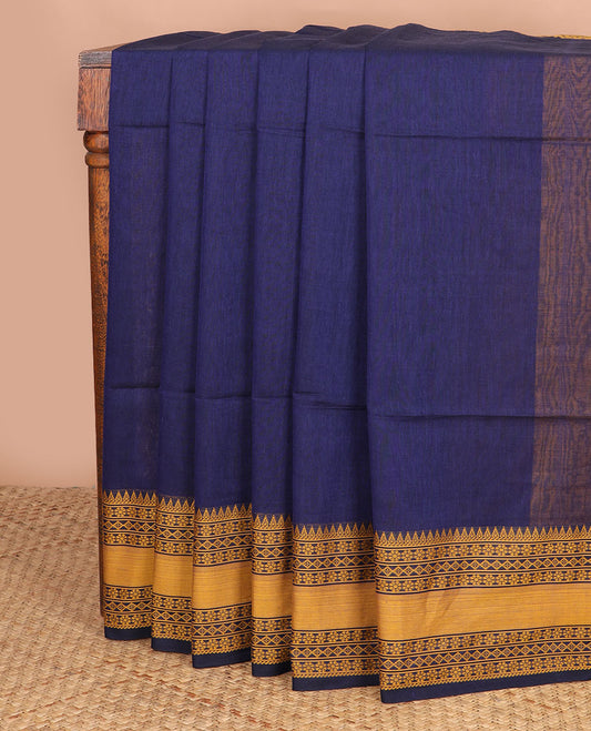 Navy blue plain design Kadhi cotton saree, traditional design thread woven yellow border & striped pallu