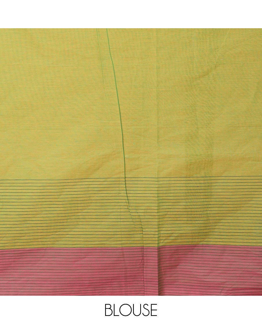 Green dotted stripes & tree motifs Coimbatore cotton saree, contrast checked tree motif border & pallu of floral motifs