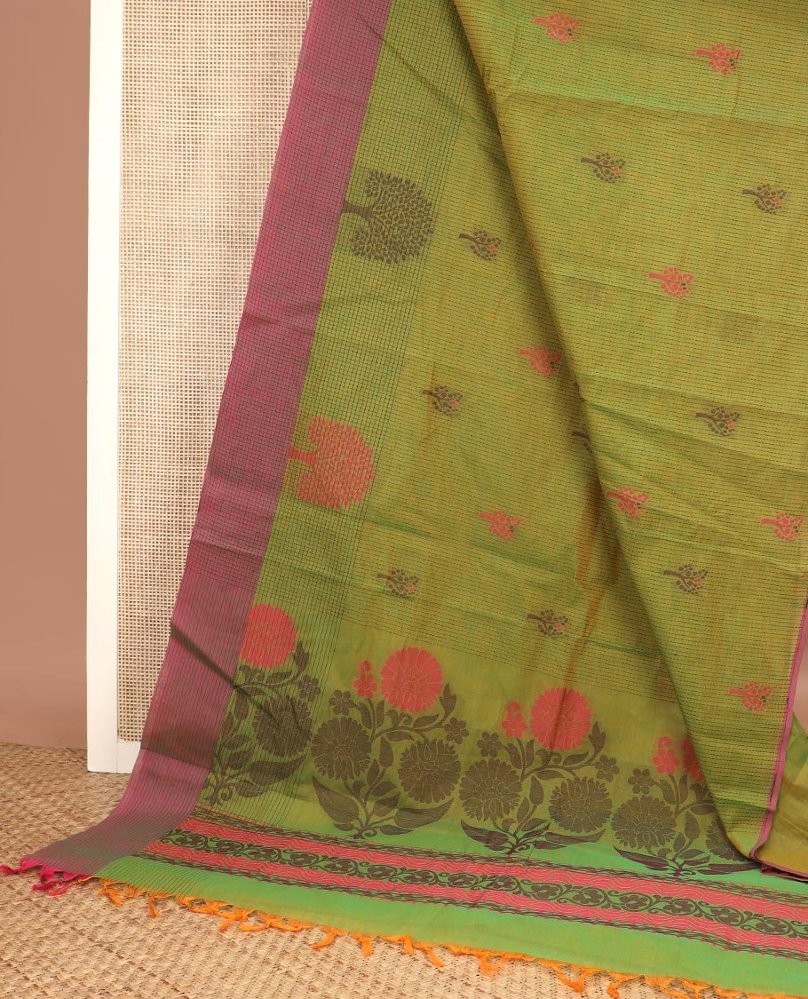 Green dotted stripes & tree motifs Coimbatore cotton saree, contrast checked tree motif border & pallu of floral motifs