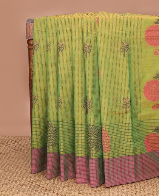 Green dotted stripes & tree motifs Coimbatore cotton saree, contrast checked tree motif border & pallu of floral motifs