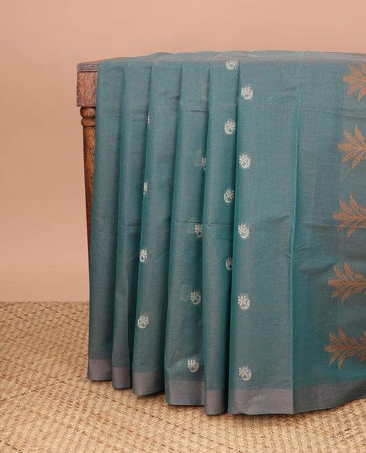 Sea green all-over floral design coimbatore cotton saree with contrast plain border