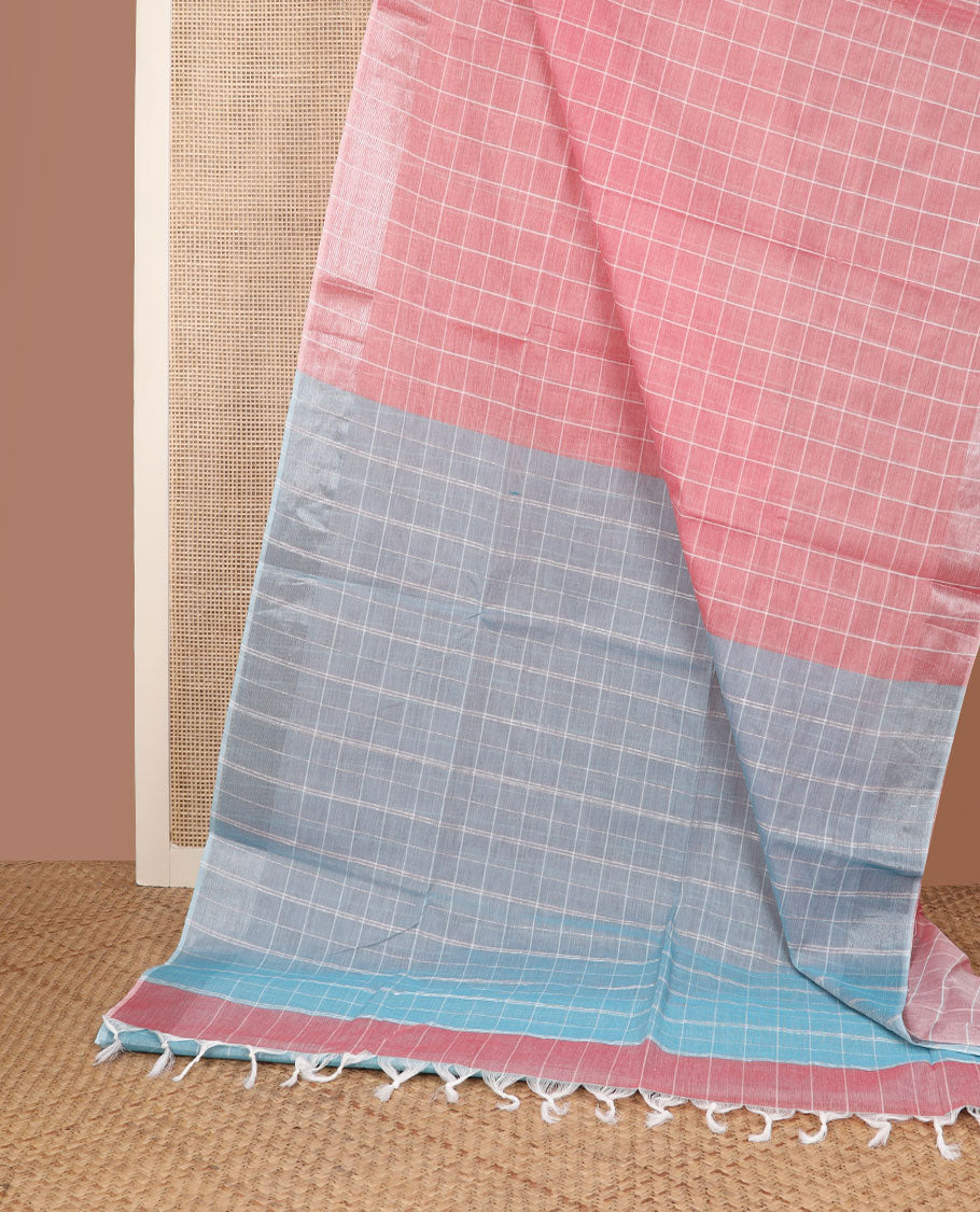 Pink checked design  jute cotton saree, zari border & contrast striped pallu