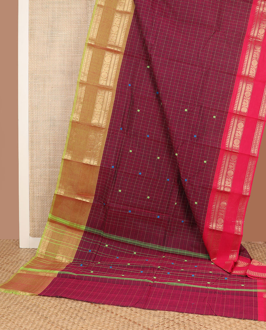 Purple checked & buttas Chettinad cotton saree, contrast traditional zari design ganga jamuna border & pallu of stripes & buttas
