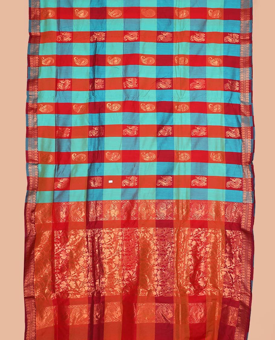 Multi-color peacock and paisley butta enclosed checked nine-yard cotton saree, traditional zari border, and floral vine zari pallu