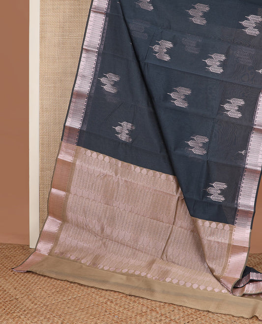 Grey zari buttas semisilk cotton saree, traditional zari border, and contrast geometric patterned zari pallu