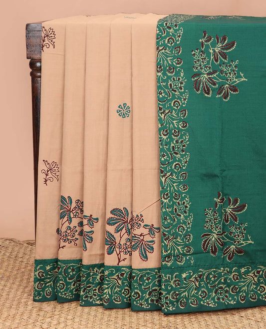 Sandal floral motifs printed poly cotton saree, contrast floral block printed border, and floral block printed pallu