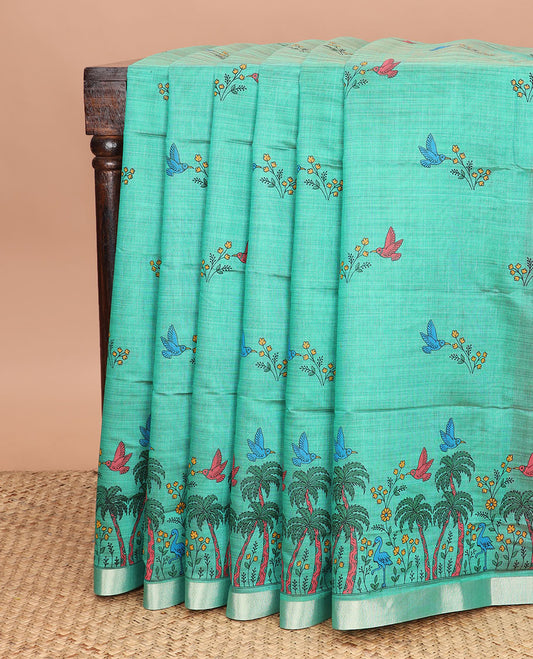 Green floral and bird buttas printed chirala cotton saree, bavanji border, and contrast bird print pallu