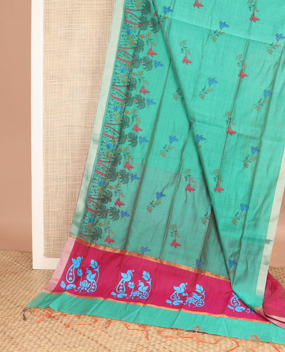Green floral and bird buttas printed chirala cotton saree, bavanji border, and contrast bird print pallu