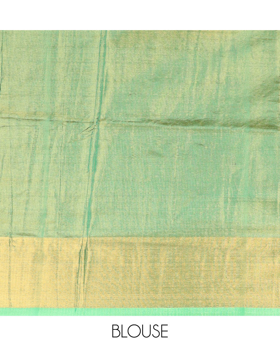 Blue floral vine, and female figurines printed Andhra cotton saree, contrast bavanji border, and printed pallu