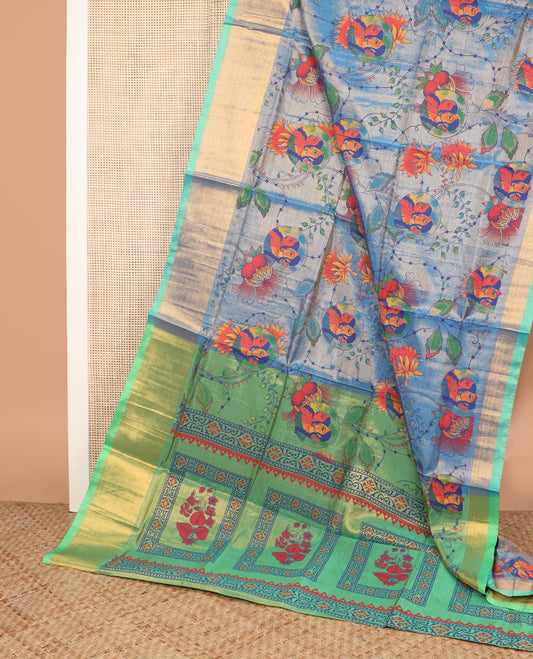 Blue floral vine, and female figurines printed Andhra cotton saree, contrast bavanji border, and printed pallu