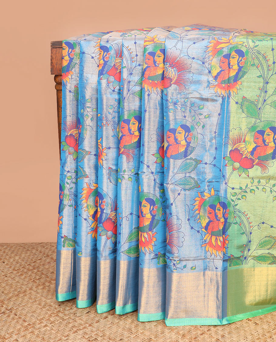 Blue floral vine, and female figurines printed Andhra cotton saree, contrast bavanji border, and printed pallu