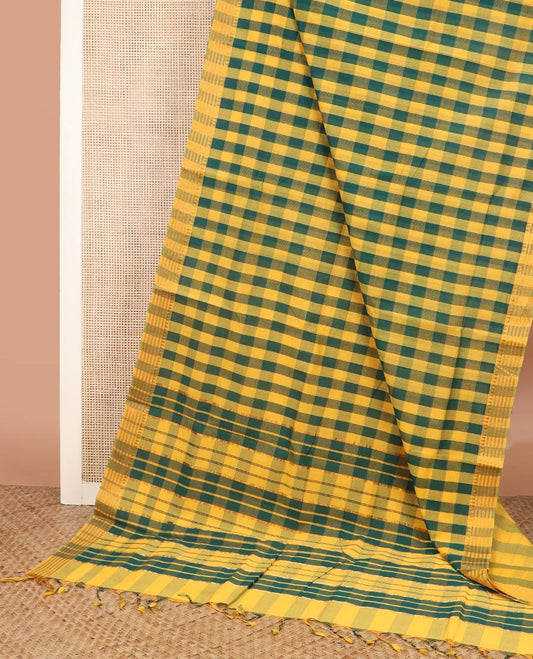 Multi-color checked Mangalgiri cotton saree, traditional border, and striped pallu
