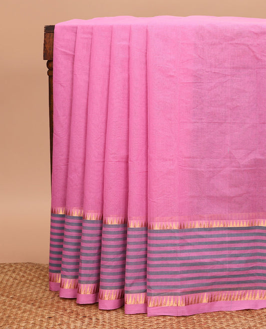 Pink striped chirala cotton saree, temple border of stripes, striped pallu, and contrast floral vine and bird printed blouse