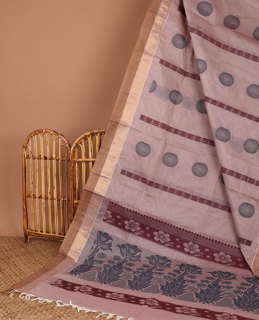 Sandal buttas Coimbatore cotton saree, contrast border & floral design pallu