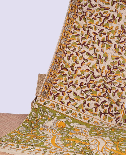 Cream floral vine design machine-printed kalamkari cotton saree with contrast floral design border & peacock , floral design pallu
