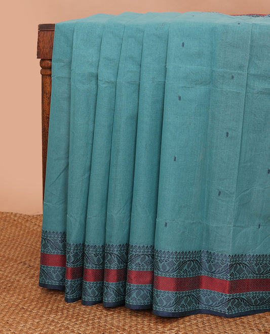 Blue buttas Bengal cotton saree, contrast traditional design border & pallu of stripes & buttas