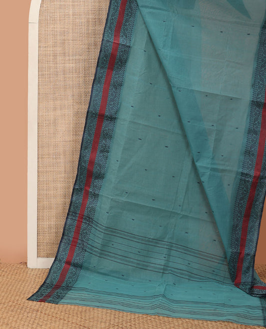 Blue buttas Bengal cotton saree, contrast traditional design border & pallu of stripes & buttas