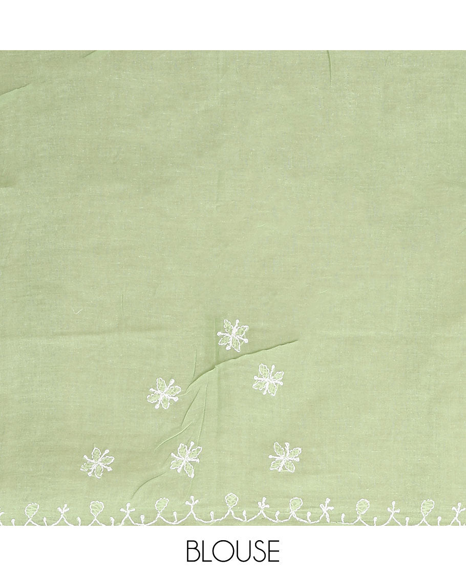 Elaichi green embroidered buttas Lucknowi chikankari saree, thread embroidered border, and floral-paisley motifs embroidered pallu