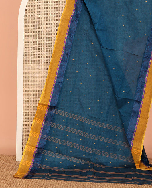 Blue Bengal Cotton Saree, Crafted with Thread Buttas, a Contrast Paisley Border, Self-Pallu, and No Blouse
