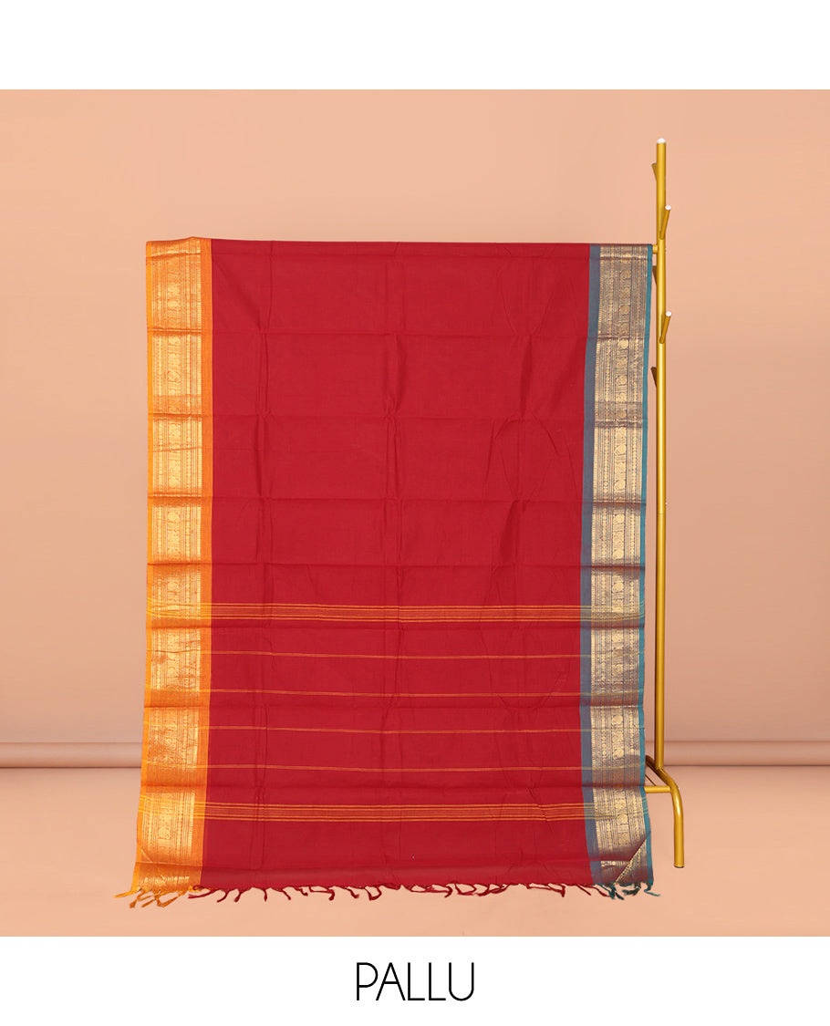 Red Plain Chettinad Cotton Saree, Complemented by Contrast Traditional Zari Design Ganga-Jamuna Border, Subtly Striped Pallu, and Paired with Matching Blouse