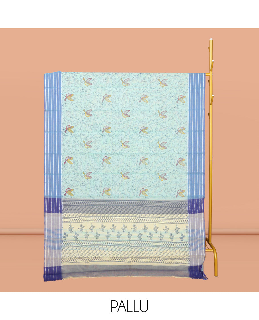 Green Chirala Cotton Saree, Accentuated with Floral-Bird Print, a Contrast Border, Printed Pallu, and a Matching Blouse