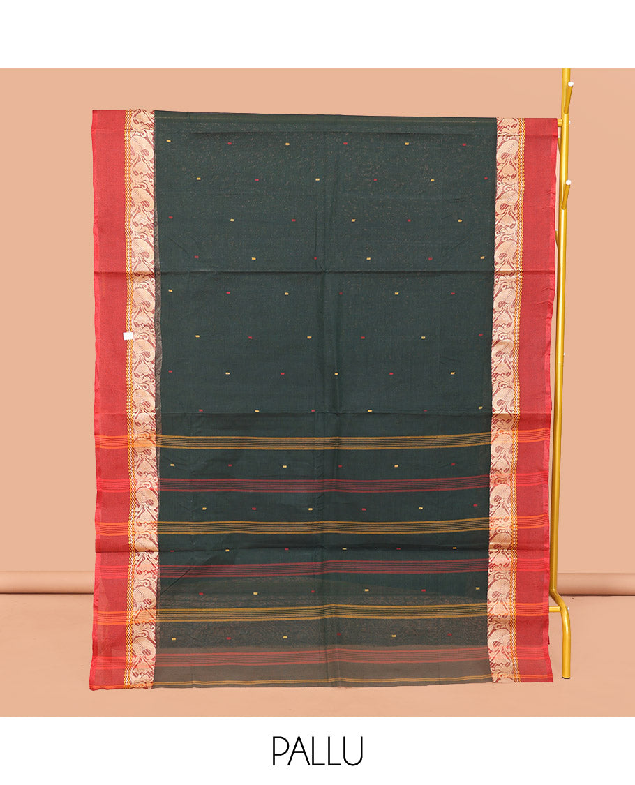 Deep Green Bengal Cotton Saree, Subtly Sparkled with Buttas, a Contrast Floral-Paisley Border, Pallu of Stripes and Buttas, and a Matching Blouse