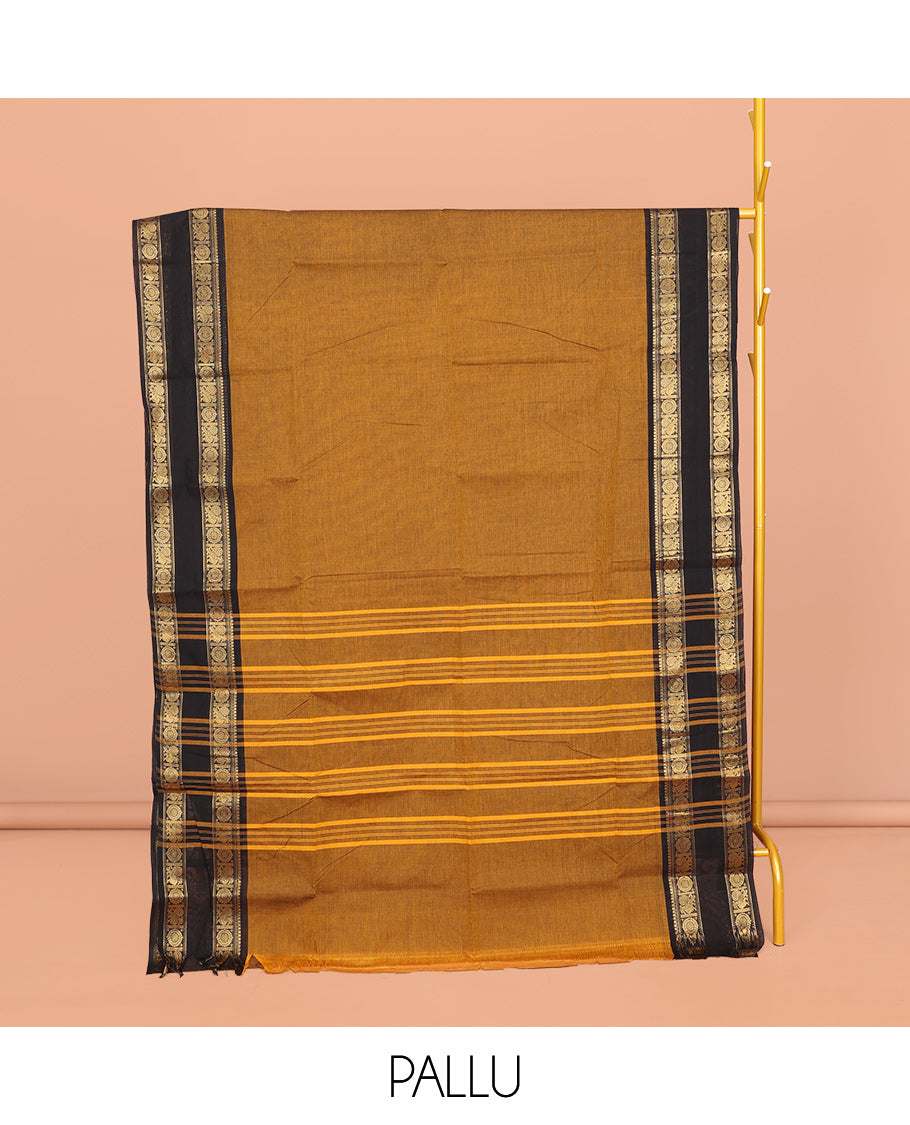 Mustard Plain Chettinad Cotton Saree, Contrast Rettai Pettu Peacock-Chakram Border, Striped Pallu, and a Matching Blouse