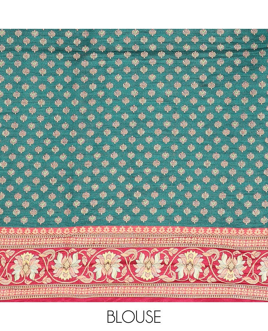 Cream meenakari floral vine dola silk saree, contrast border, and pallu features Mughal style ancient characters