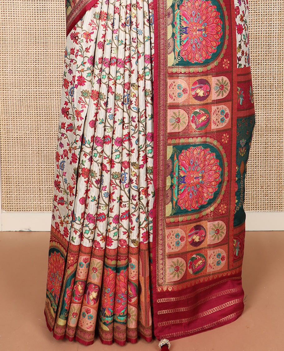 Cream meenakari floral vine dola silk saree, contrast border, and pallu features Mughal style ancient characters